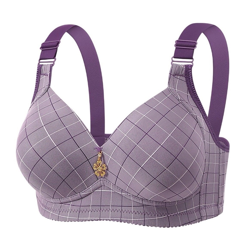 Womens Full Coverage Push Up Bra Wide Strap Padded Plunge Purple‎ Plaid Large